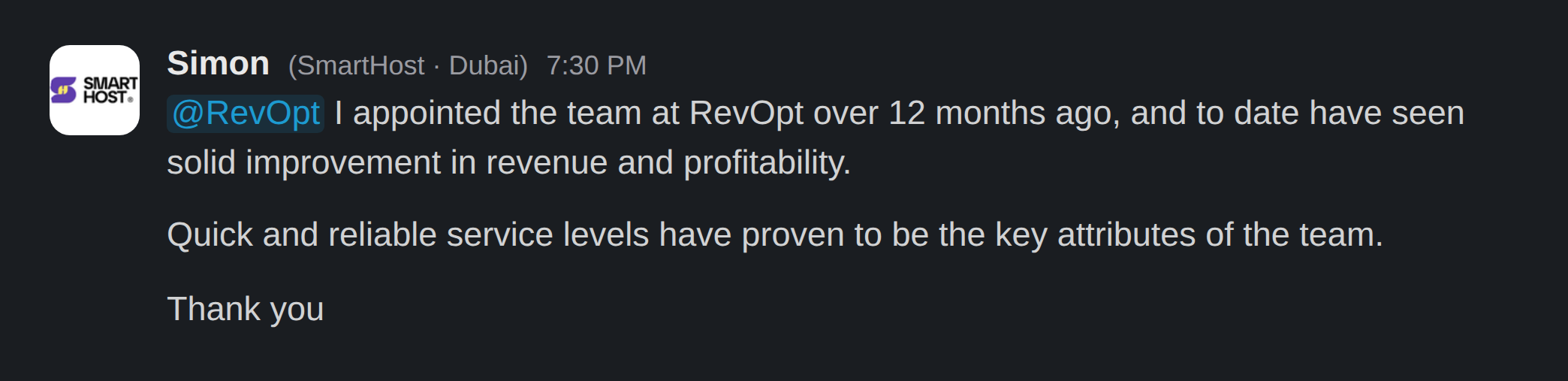 Slack message from Simon, SmartHost Dubai: solid improvement in revenue and profitability over 12 months.
